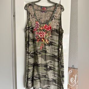 Johnny Was Camouflage Tank Dress with Floral Embroidery